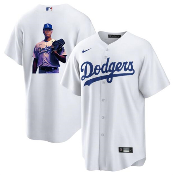 Men's Los Angeles Dodgers #17 Shohei Ohtani White Big Logo Cool Base Stitched Jersey